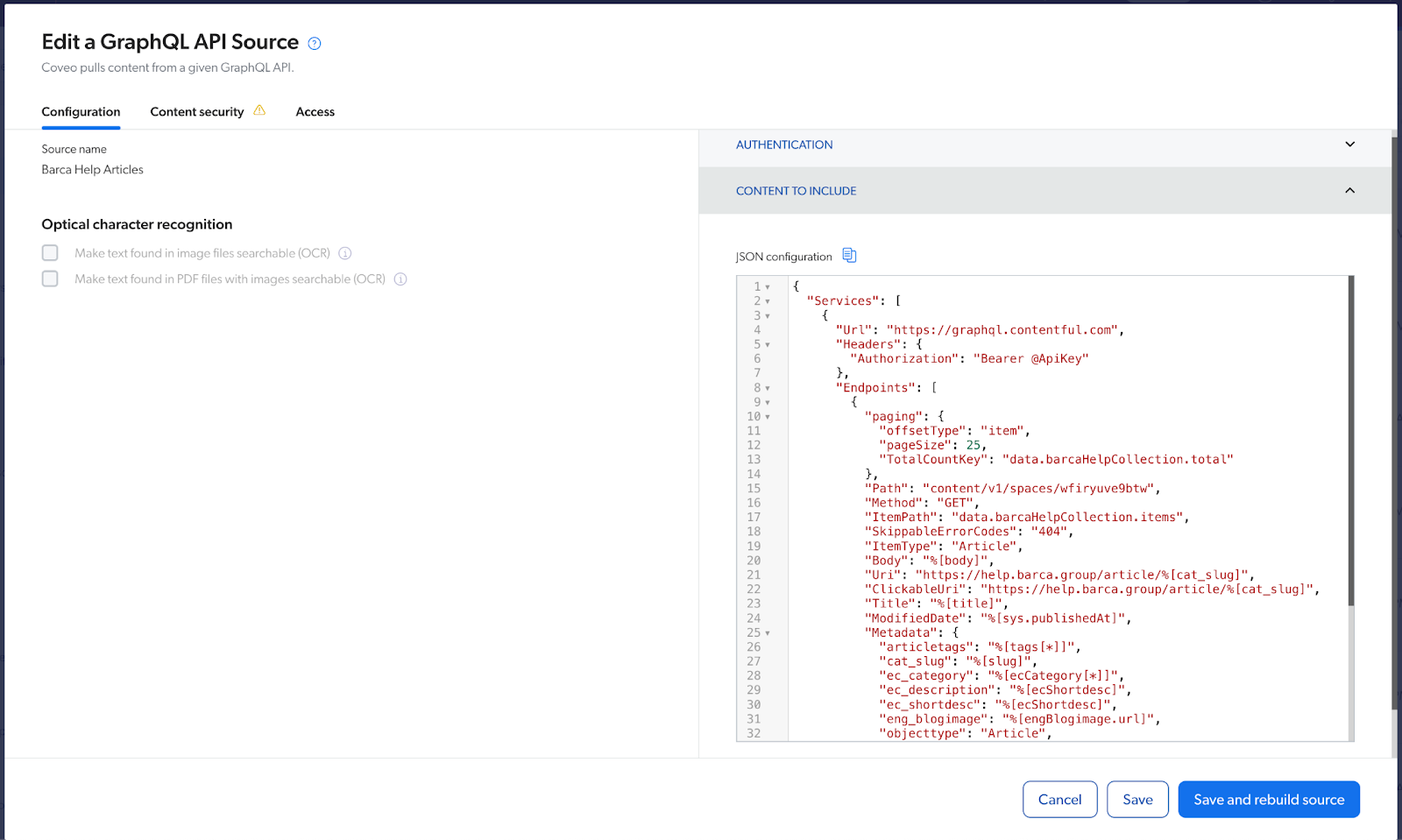 GraphQL API Source JSON configuration example | Coveo Platform