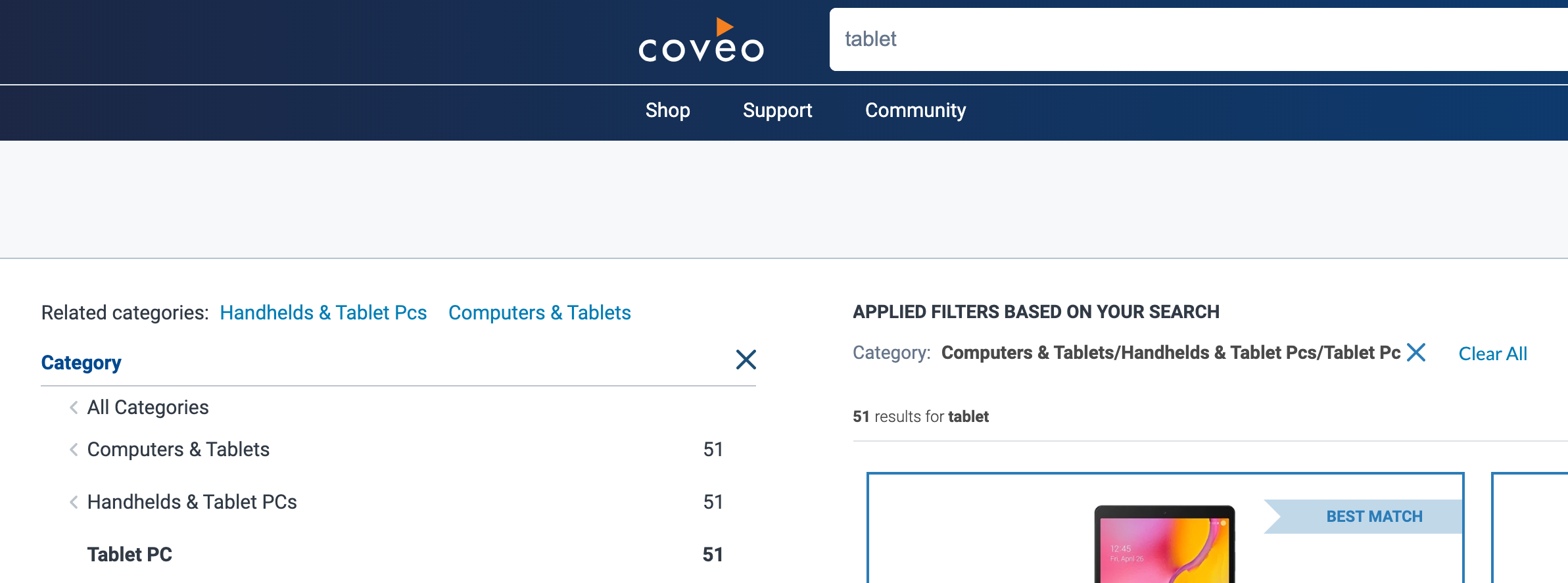 Search page displaying Dynamic Navigation Experience for B2B Commerce - Coveo for Salesforce
