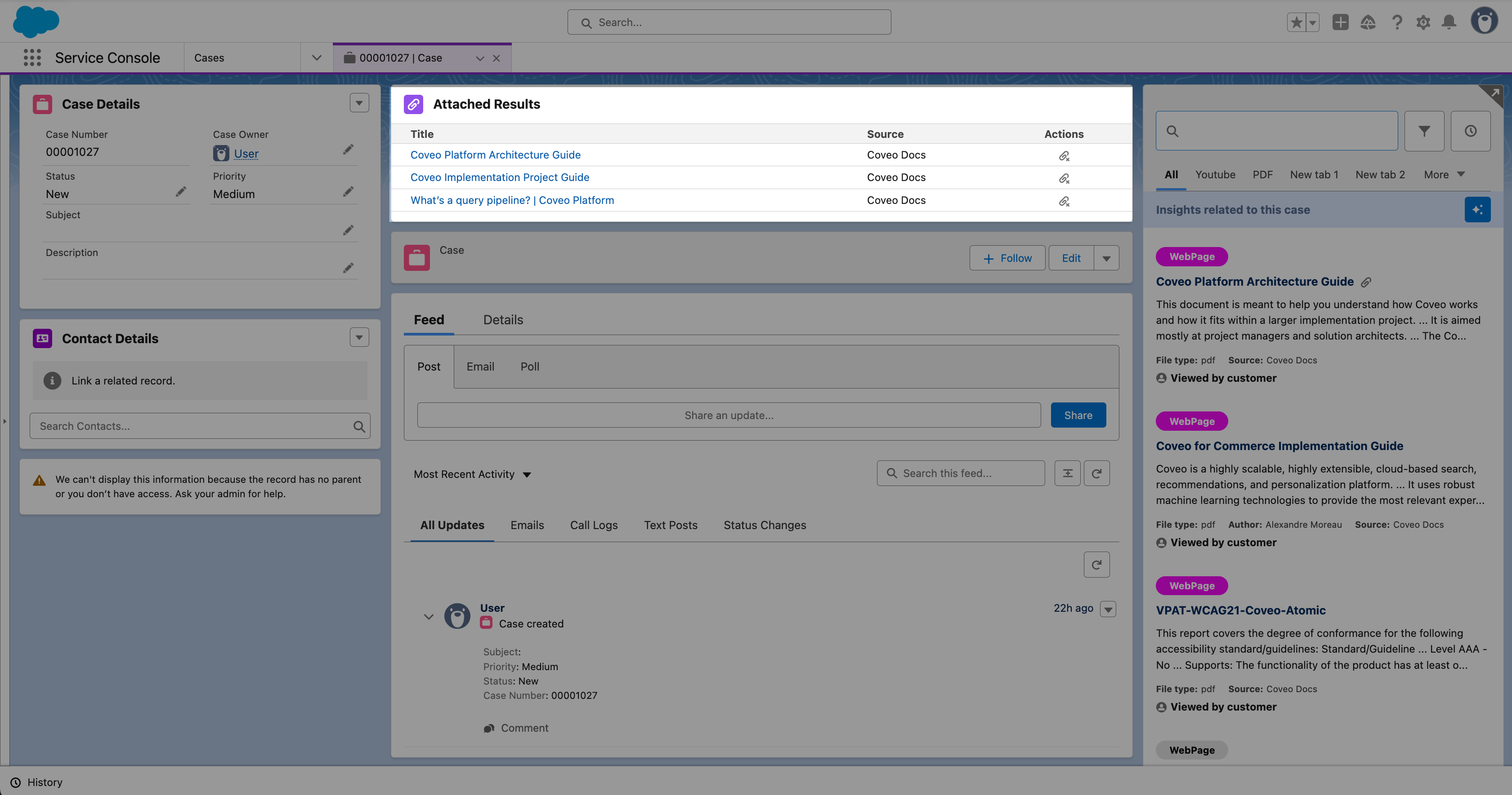 Coveo Insight Attached Results component showing case-attached results for service agents | Coveo for Salesforce