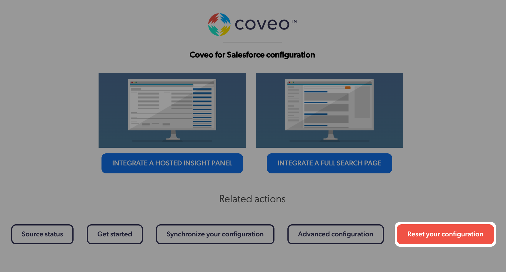 Red Reset your configuration button with confirmation dialog on the Coveo for Salesforce configuration page | Coveo for Salesforce