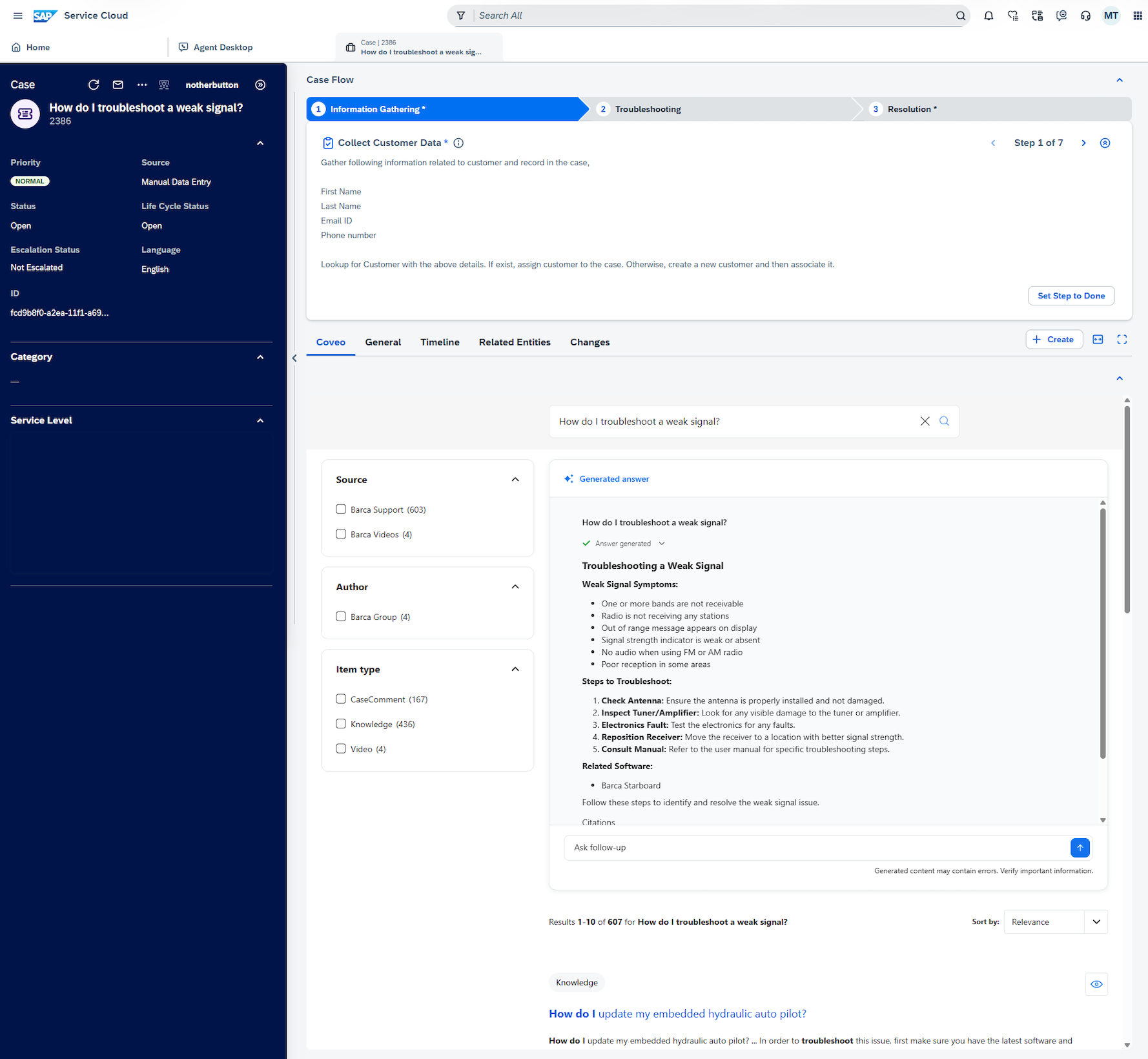 Hosted search page embedded in SAP Service Cloud V2 | Coveo for SAP Service Cloud V2