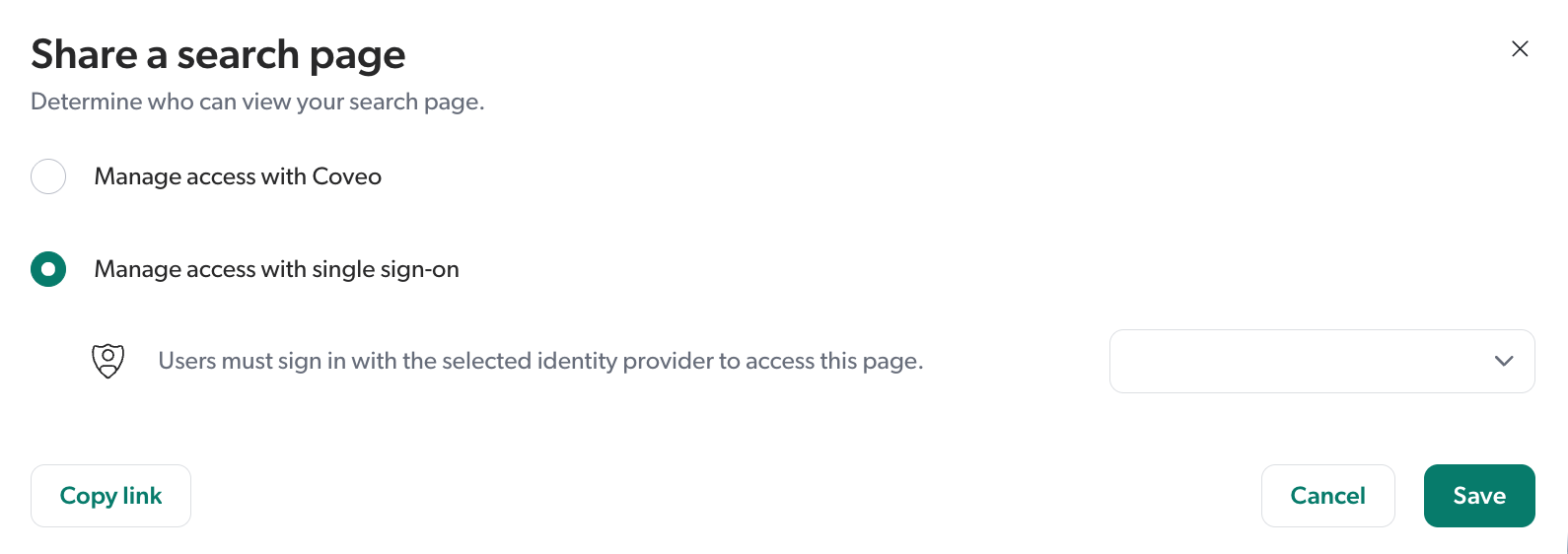 Manage access with single sign-on option | Coveo for SAP Service Cloud V2