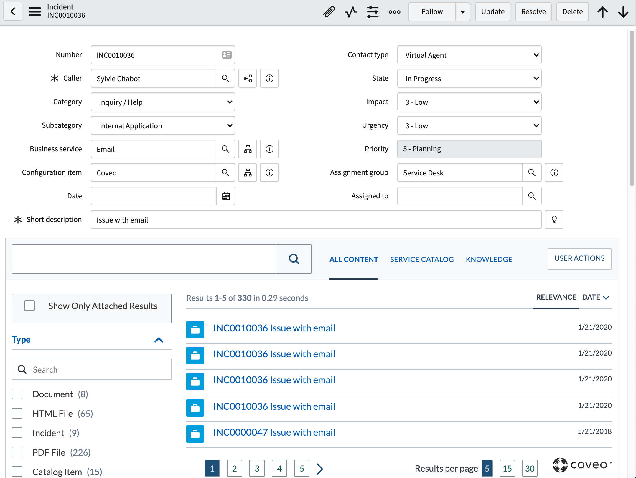 Insight panel embedded in the ServiceNow interface