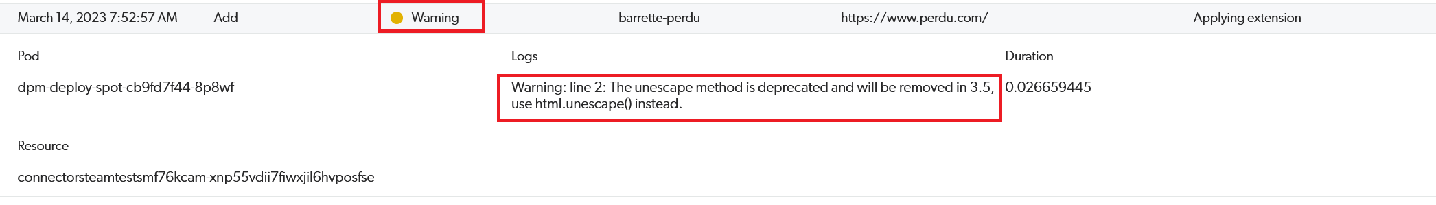 Python deprecation message in the Log Browser | Coveo