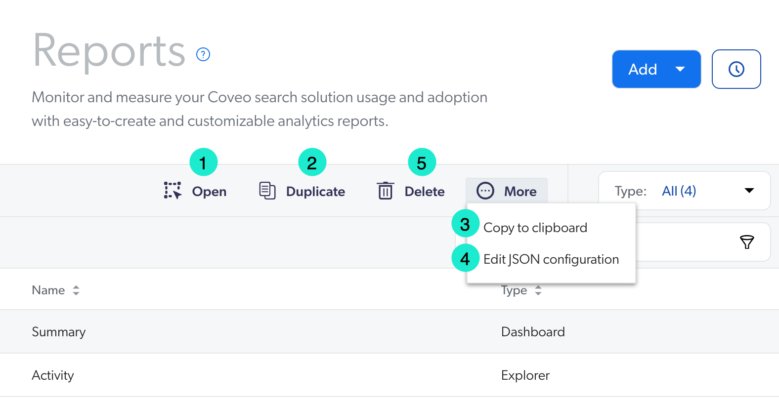 Open or Duplicate a report|export report configuration|edit report JSON configuration