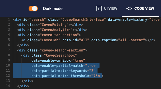 Image: Enabling partial match | Coveo Interface Editor