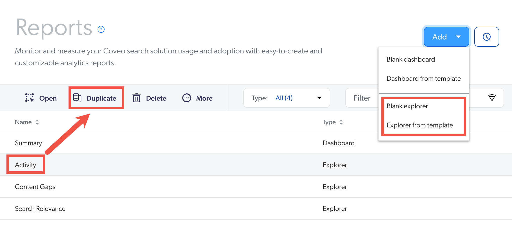 screen capture of add reports drop down menu | Add UA explorer from template | Blank explorer | Duplicate explorer