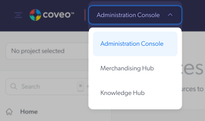 Application picker in the Administration Console | Coveo