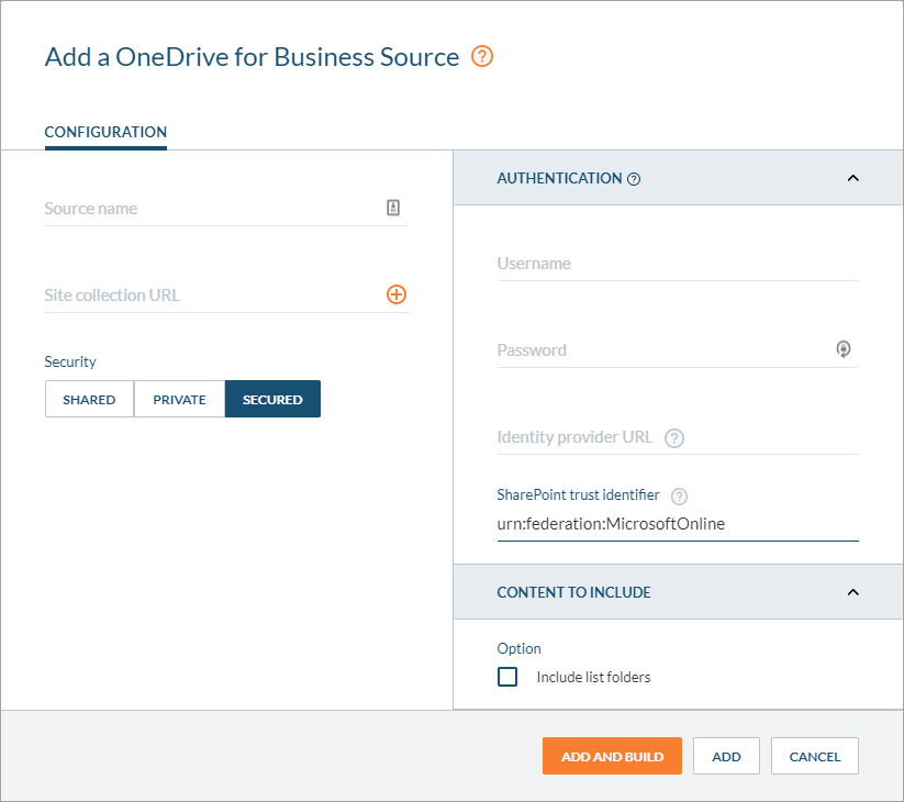 Coveo panel to add OneDrive for Business source with security setting shared or private authentication identifier and include list folders option