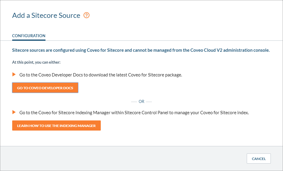 Coveo Add a Sitecore Source page with configuration notice and links to download package or open Sitecore Indexing Manager