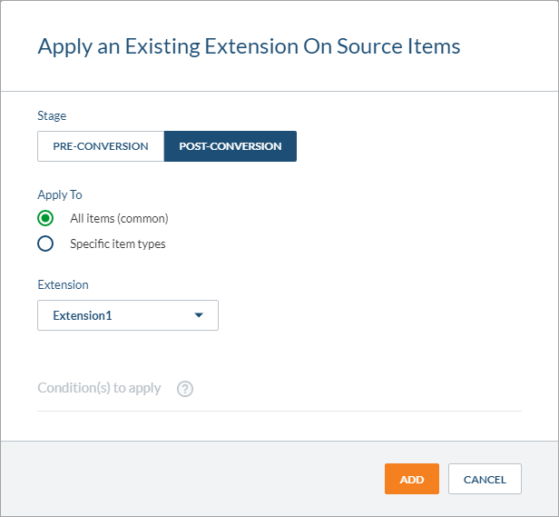 Coveo Platform panel to apply an existing extension to all items or specific source item types