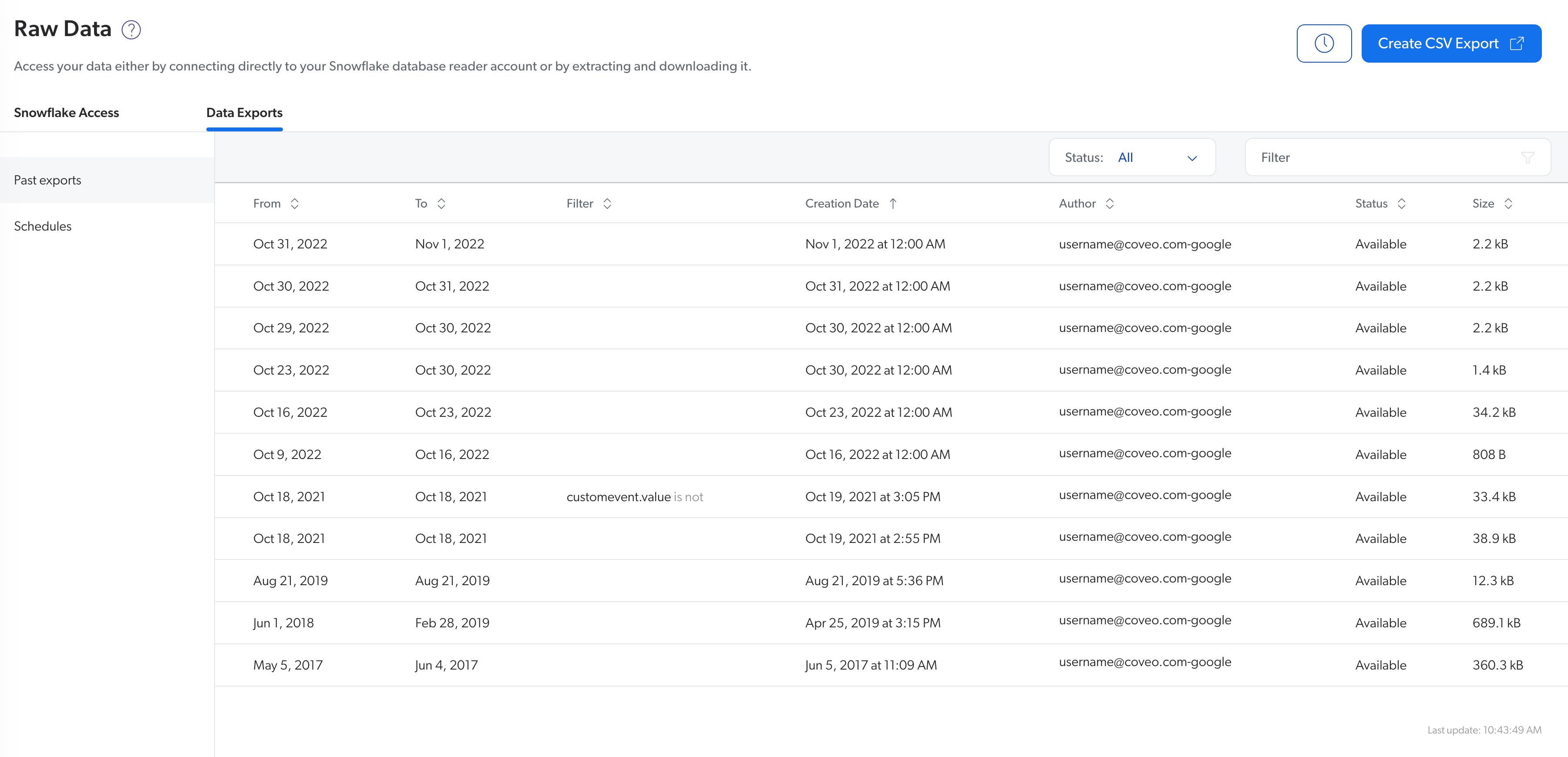 Coveo | Data Exports Tab