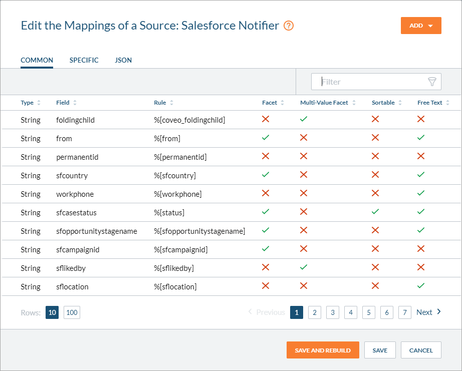 Coveo Administration Console Edit Mappings panel for Salesforce Notifier source listing common and JSON fields with Save and Rebuild buttons