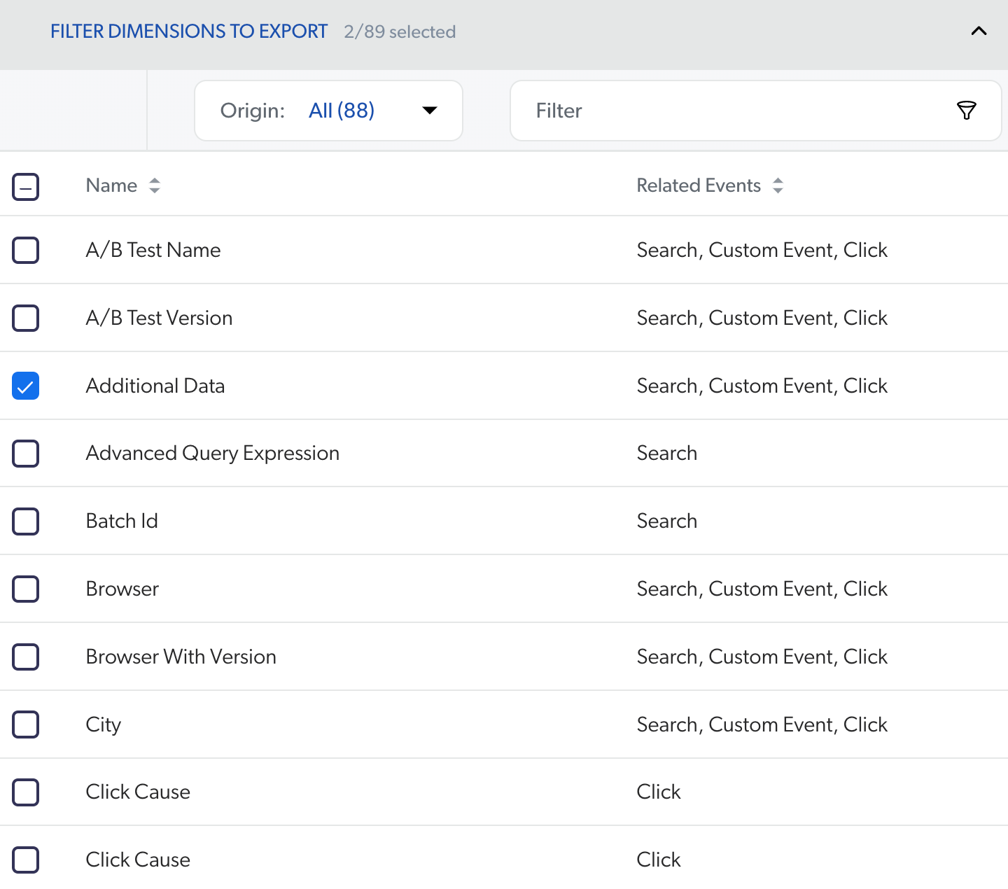 Data Export Filter Dimensions