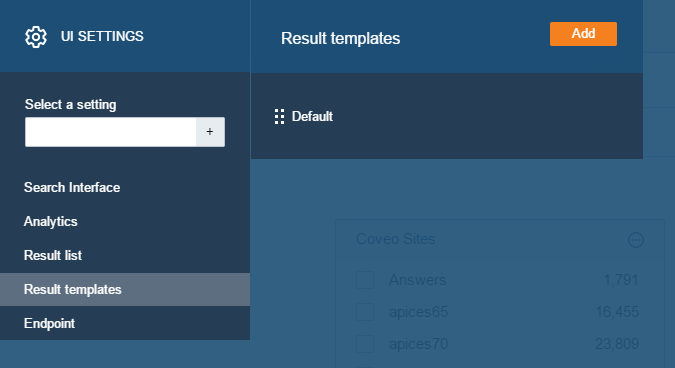 Admin interface showing the option to add a result template - Coveo