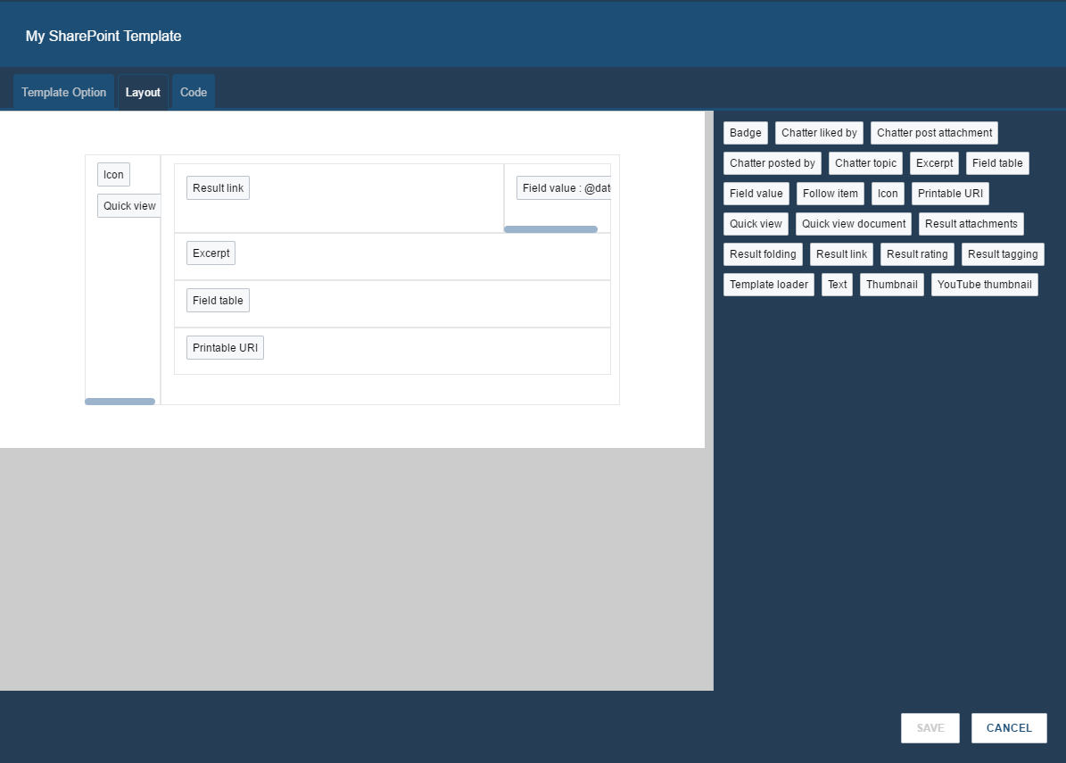 Admin interface showing layout tab for editing SharePoint template - Coveo