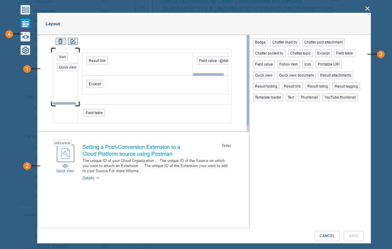 Admin interface showing layout editor with field tables and quick view options - Coveo