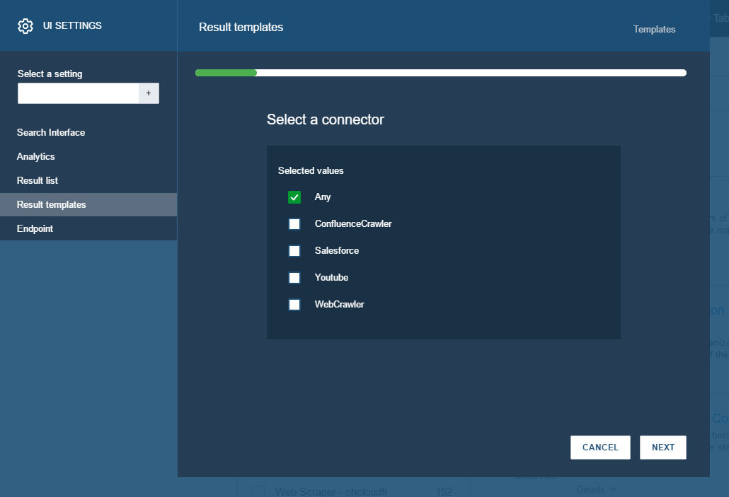 Admin interface showing connector selection with options for ConfluenceCrawler Salesforce Youtube and WebCrawler - Coveo