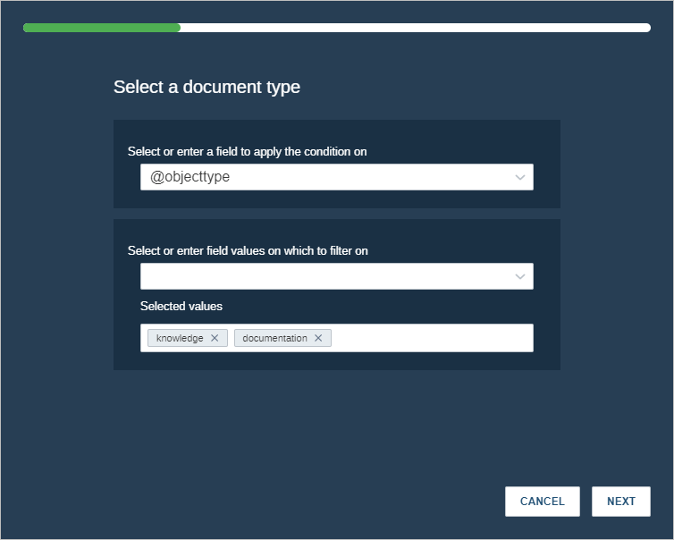Admin interface showing document type selection screen - Coveo