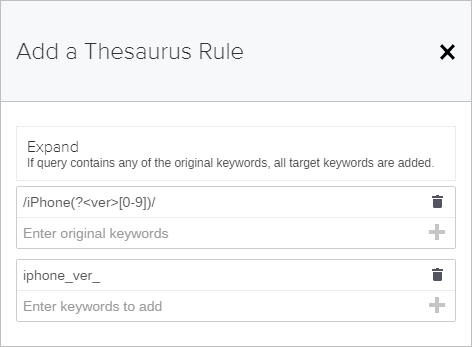 Coveo for Salesforce interface showing admin thesaurus regex