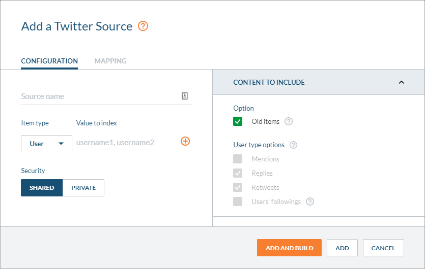 Coveo admin console showing Add Twitter Source configuration panel with security and build actions