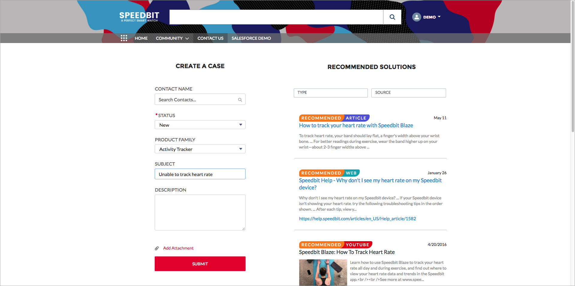 Salesforce case creation form showing Coveo recommended articles and video for heart rate tracking issue