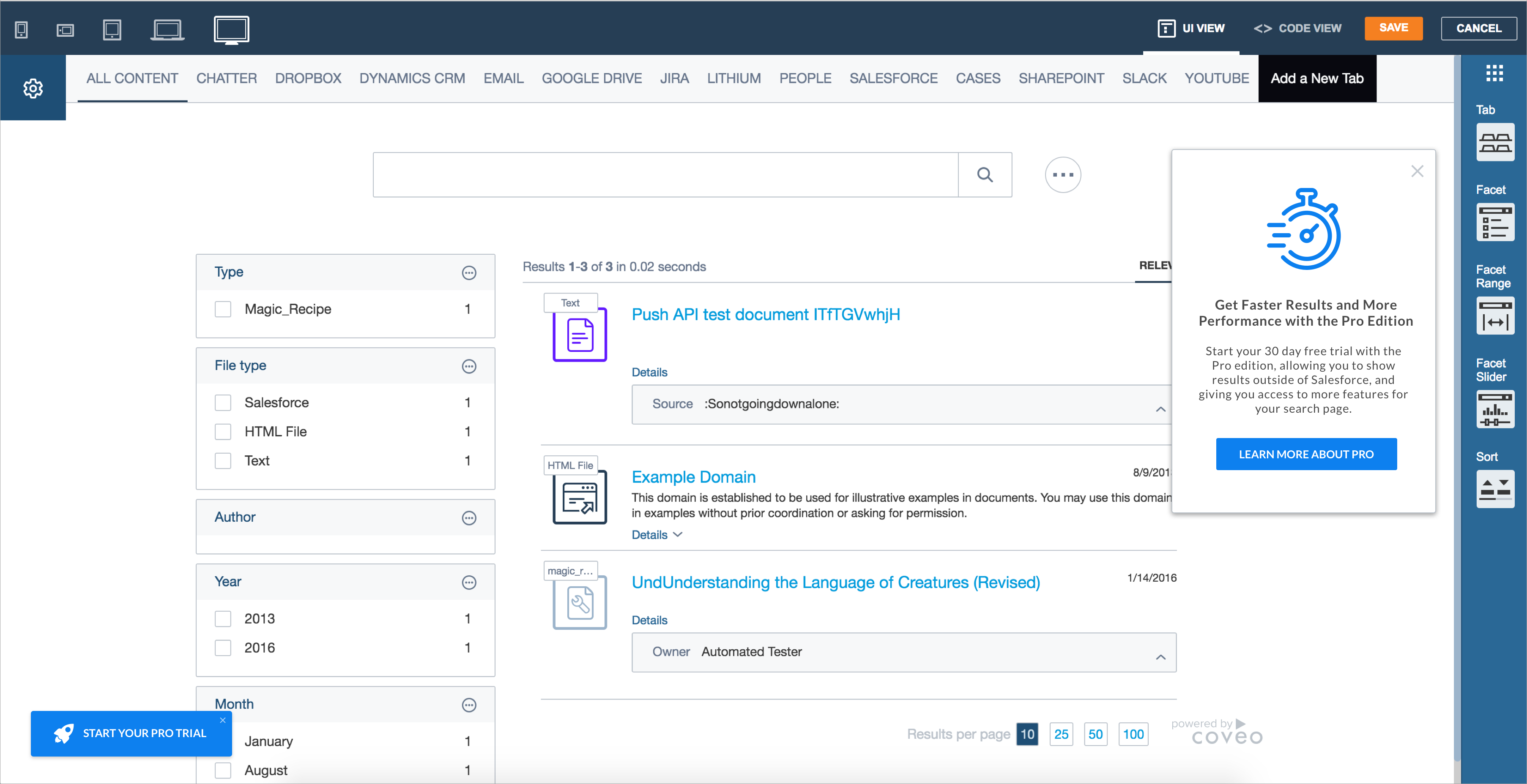 Coveo for Salesforce search page with banner promoting 30 day Pro edition trial above results list and facet filters