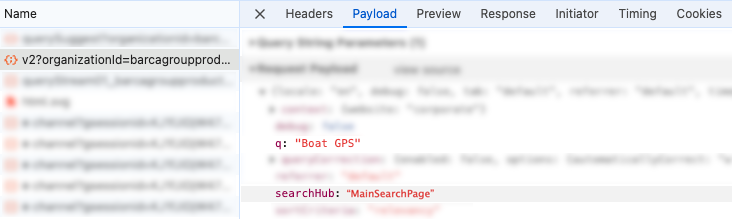 Search API call in the developer tools | Coveo