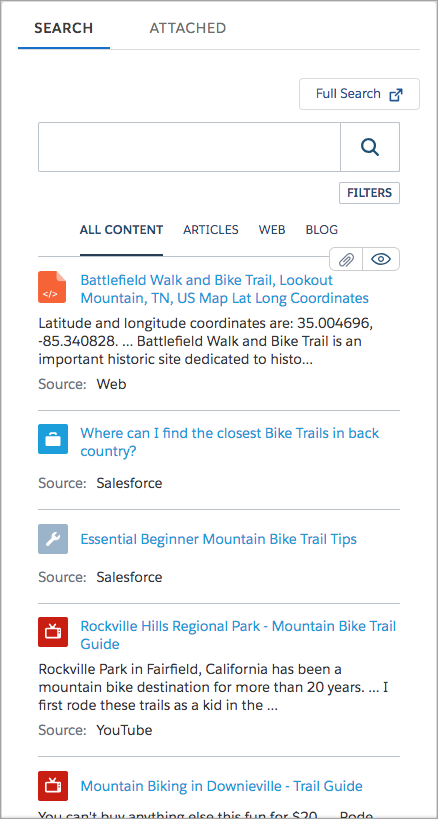 Coveo Insight Panel displays case search with filters and mixed content results list