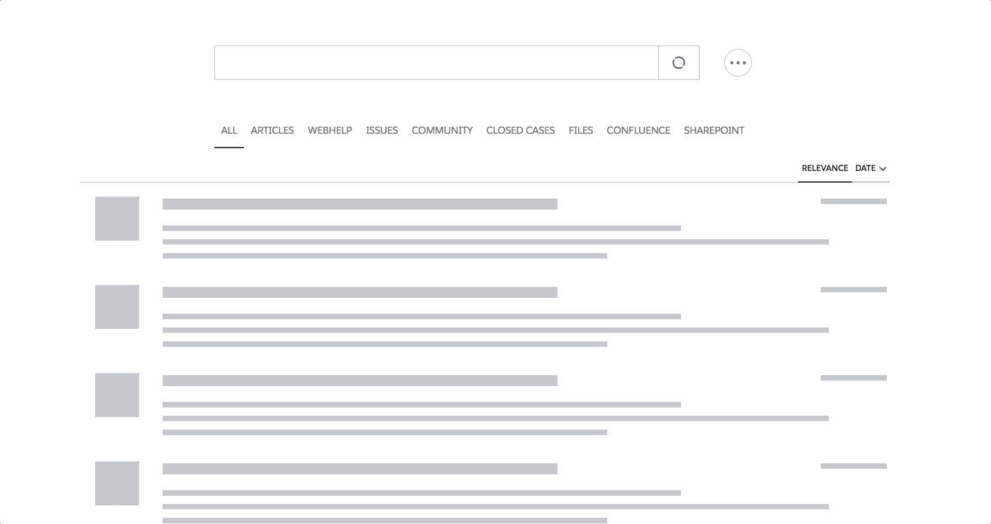 Coveo Platform search page updates results live while user selects category tabs and toggles relevance or date sorting