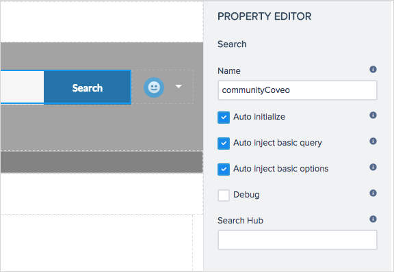 Coveo Property Editor displaying settings for communityCoveo search component with auto initialize and debug options