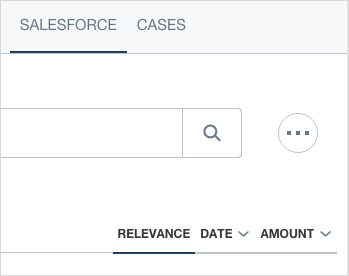 Coveo results panel in Salesforce Lightning listing cases with columns relevance date and amount