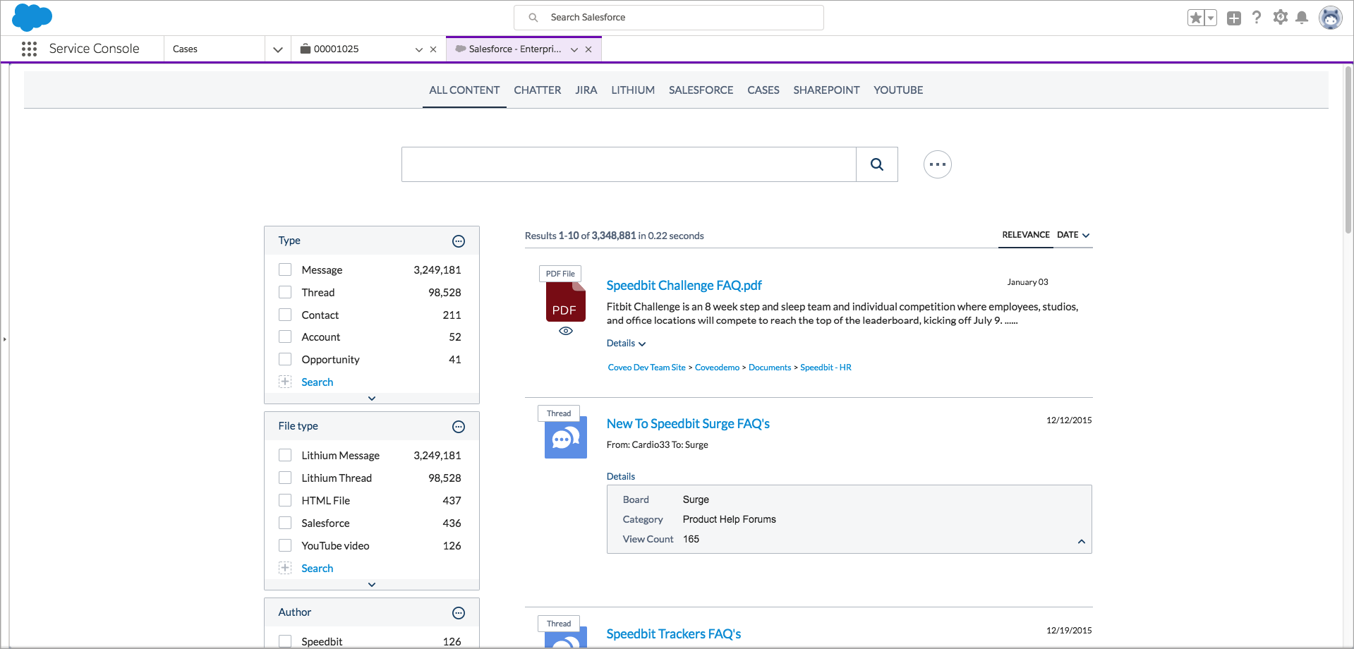 Coveo Lightning search page in Salesforce console displaying query bar facets and list of over three million results
