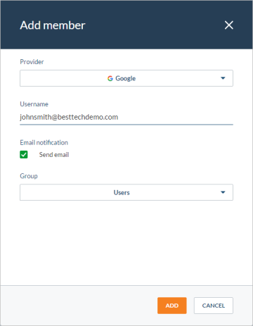 Add Members dialog in Coveo Platform with fields for provider username email notification option and Send email checkbox