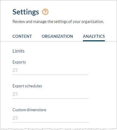 Coveo analytics settings tab listing limits export schedules and custom dimensions counts
