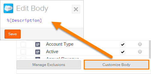 Coveo Platform Edit Body dialog for customizing Salesforce object fields