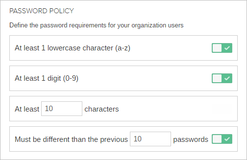 Password policy panel in Coveo Platform with requirements one lowercase one digit minimum ten characters and no reuse of last ten passwords