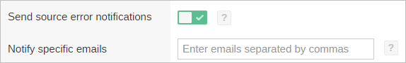 Coveo Platform panel to enable source error email notifications with field to input recipient addresses separated by commas