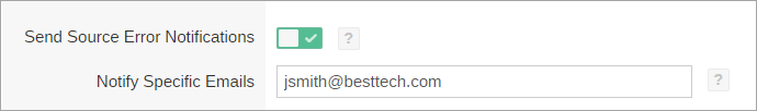 Coveo Platform screen to send source error notifications to specified emails me and jsmith@besttech.com
