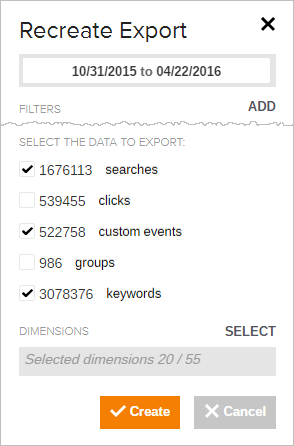 Coveo Platform dialog for Recreate Export Replay showing date range Oct 2015 Apr 2016 and metrics 1.68M searches 539k clicks 523k events 3.08M keyw...