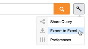 Coveo Platform action menu showing Share Query Export to Excel and Preferences options