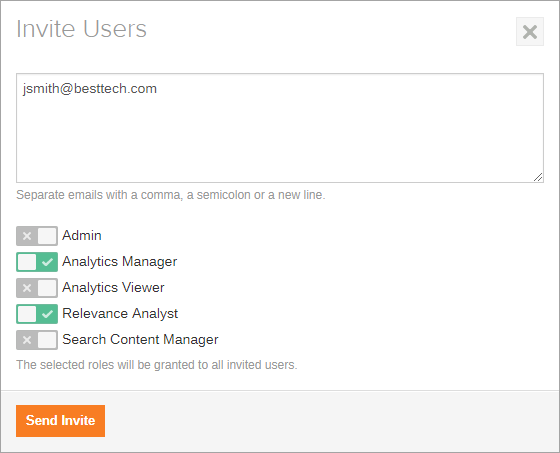 Coveo Platform Invite Users dialog with email list field role selection checkboxes and Send Invite button
