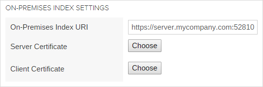 Hybrid organization page displaying on premises index URI and server and client certificate fields in Coveo Platform