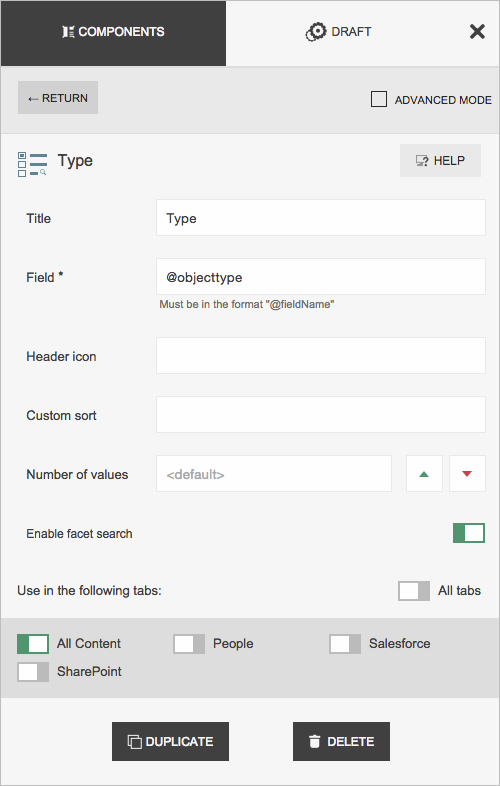 Coveo Platform interface editor showing Title Type field settings with custom sort enable facet search and tab usage options