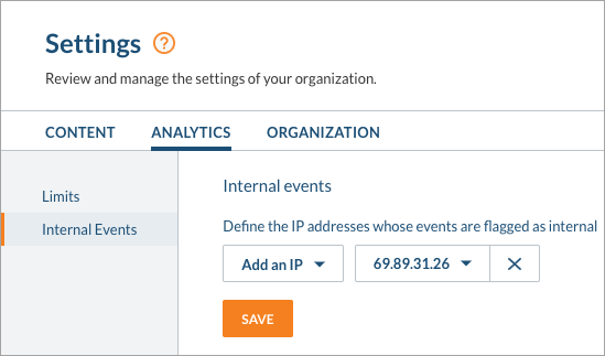 Coveo Platform settings page for marking IP addresses as internal events