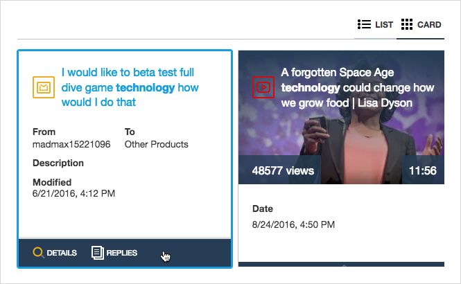Coveo JSUI card layout displaying article and email result cards with dates authors and action links