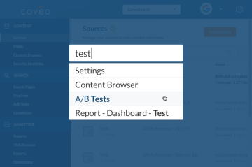 Coveo Content Browser interface with lightbox navigation showing ADB Tests report dashboard links