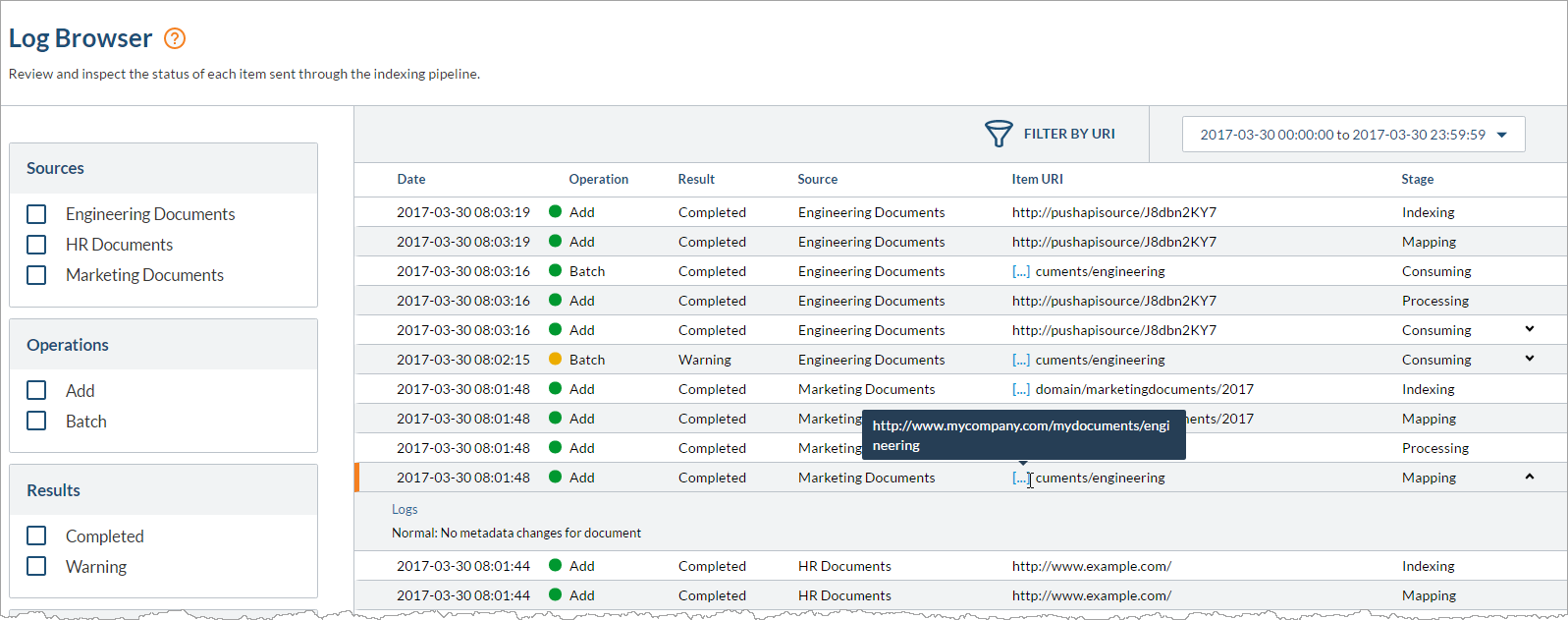 Coveo Log Browser displaying filter panel and table of indexing pipeline items with status source URI date result stage