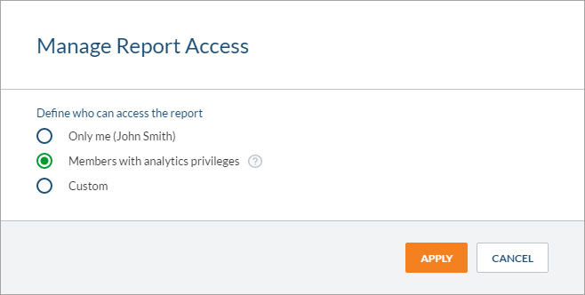Manage Report Access dialog in Coveo Platform with radio options Only me Members with analytics privileges Custom and Apply button