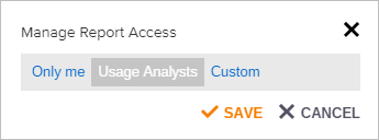 Manage Report Access dialog in Coveo Platform showing Only me option and Save or Cancel buttons